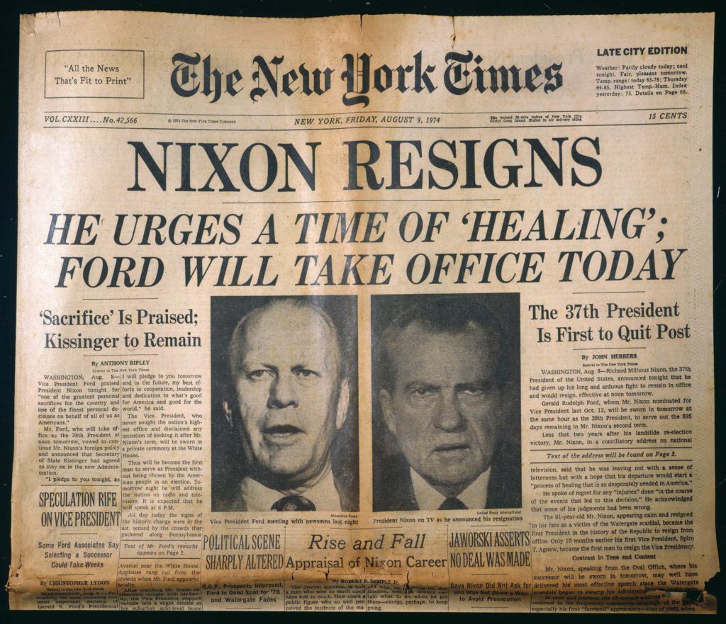 'NIXON RESIGNS': NEWSPAPER. /nFront page of the New York Times, 9 August 1974, announcing the resignation of President Richard Nixon following the Watergate scandal.