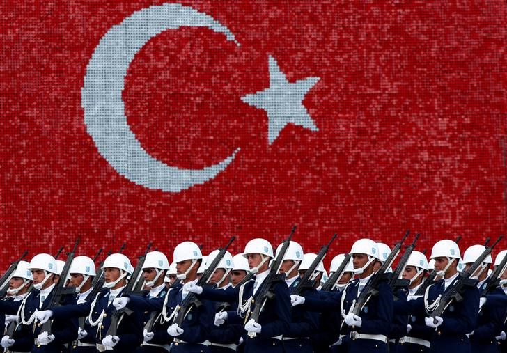 Turkish air force cadets march during a graduation ceremony for 197 cadets at the Air Force war academy in Istanbul