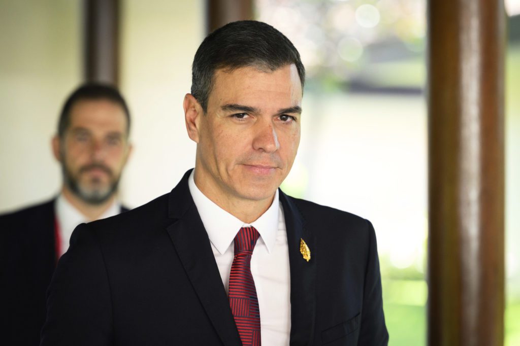 Spanish Prime Minister Pedro Sánchez arrives ahead of an emergency meeting of leaders at the G20 summit in Nusa Dua, Indonesia, Wednesday, Nov. 16, 2022. The meeting came after Poland said early Wednesday that a Russian-made missile fell in the country’s east, though U.S. President Joe Biden said it was “unlikely” it was fired from Russia. (Leon Neal/Pool Photo via AP)